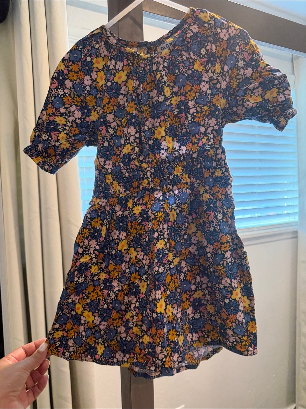 Old Navy Navy Floral Smocked Waist Girls Dress with Yellow & Pink Flowers